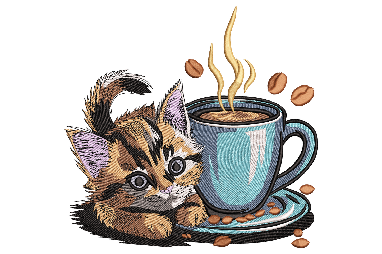 Photoreal tabby kitten lying beside a pale blue steaming coffee mug with scattered beans, embroidery design with directional fur fill.