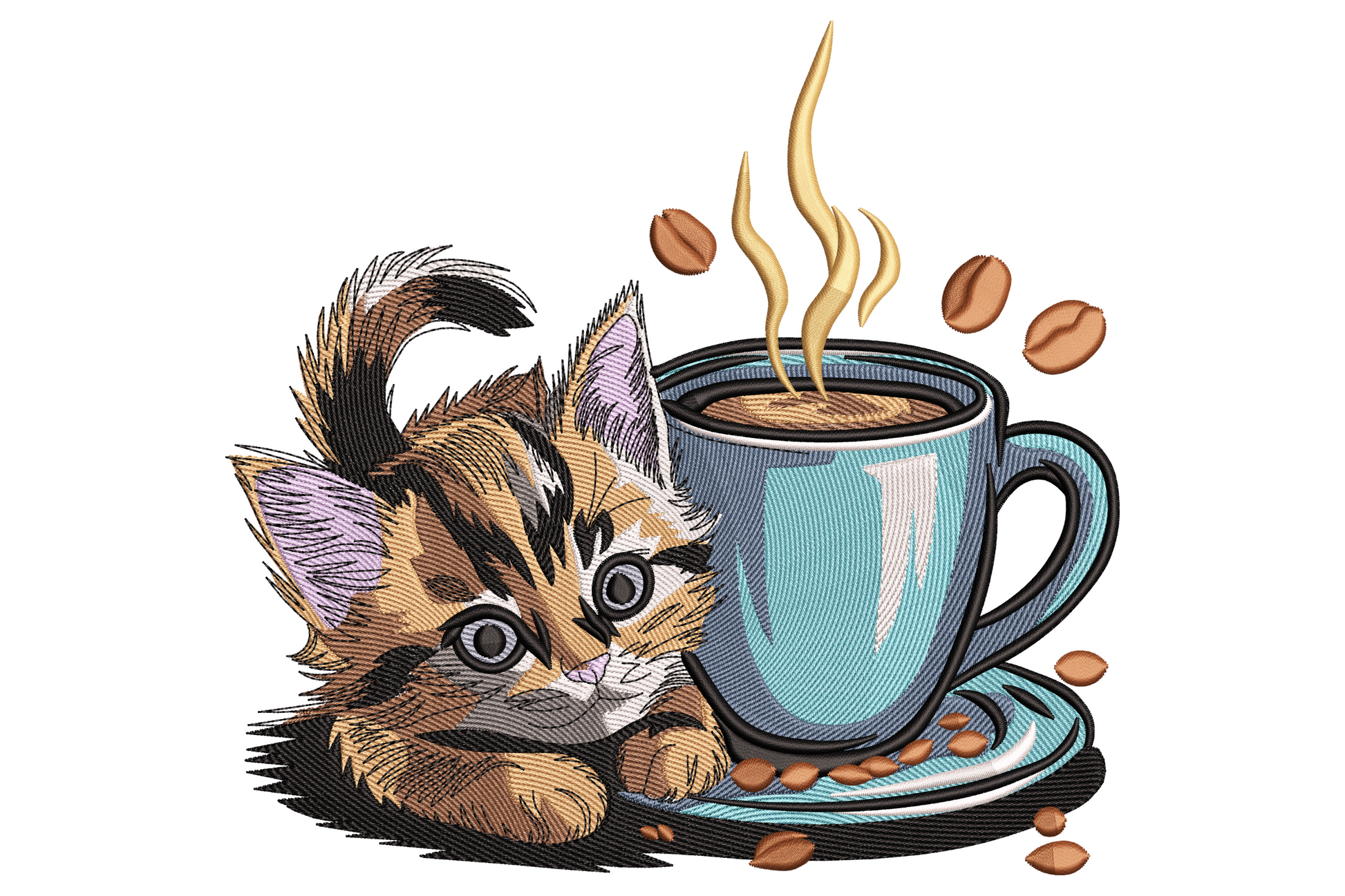 Photoreal tabby kitten lying beside a pale blue steaming coffee mug with scattered beans, embroidery design with directional fur fill.