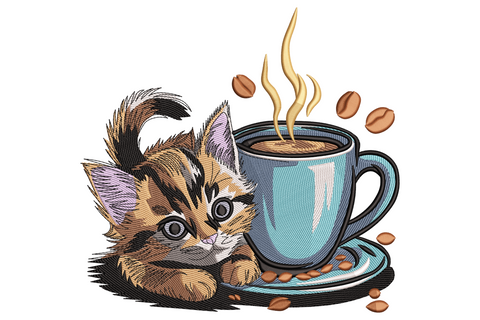 Photoreal tabby kitten lying beside a pale blue steaming coffee mug with scattered beans, embroidery design with directional fur fill.