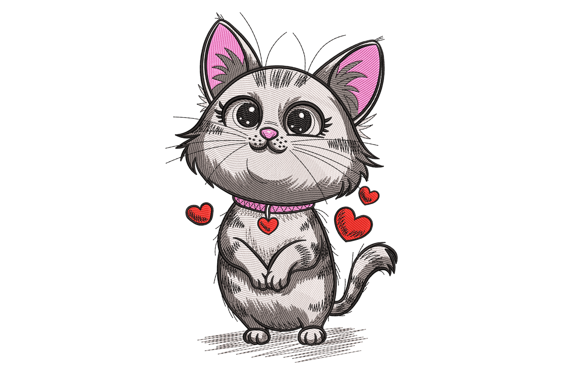 Cute kawaii kitten embroidery design with sketchy grey fur, pink collar, red heart charm and floating hearts, 7 sizes.