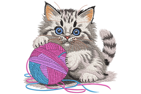 Cute kitten with yarn ball embroidery design, fluffy grey tabby with blue eyes hugging a pink and blue yarn ball on cream cotton.