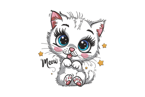 Cute kitty meow embroidery design with a cartoon white kitten, big blue eyes, pink nose and paw pads, orange star accents and handwritten Meow script lettering.