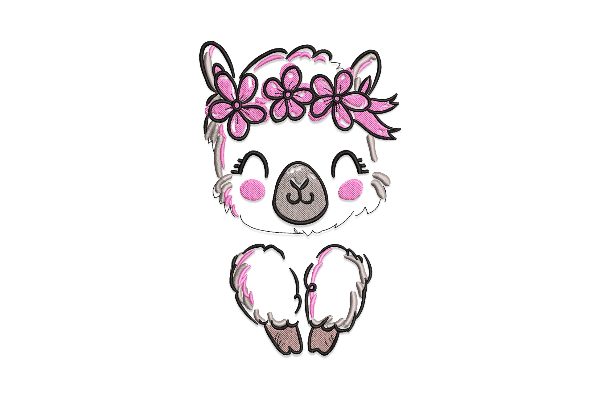 Cute koala embroidery design with pink flower crown rosy cheeks and big round eyes in grey and hot pink thread.