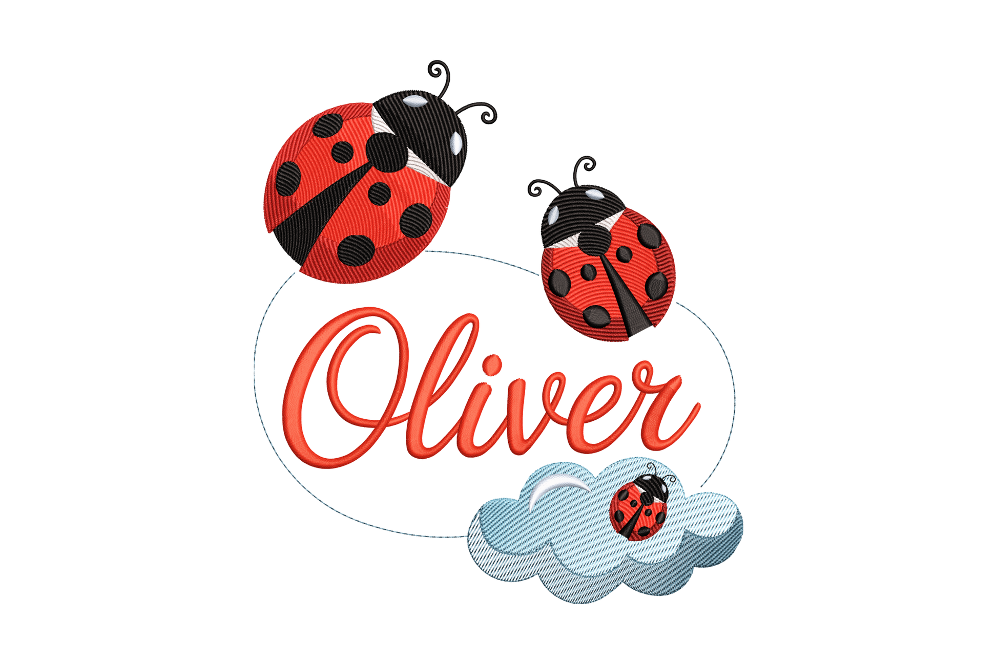 Two ladybugs with the name 'Oliver' on a white background