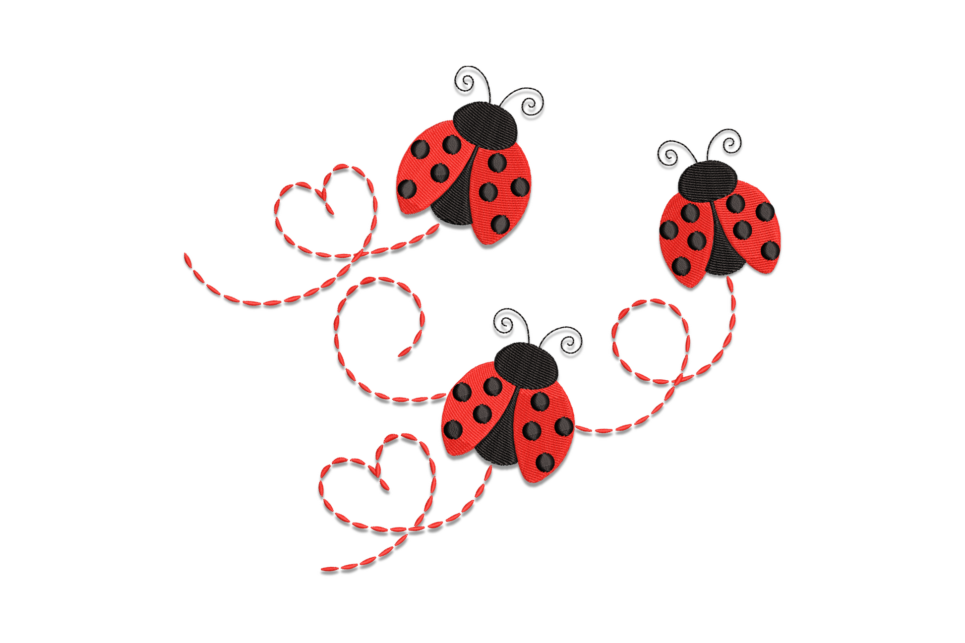 Three cartoon ladybugs in red and black arranged diagonally, connected by a dashed red trail that loops into small hearts between each bug.