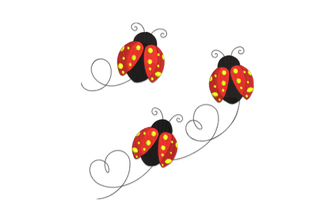 Ladybug trio flight embroidery design with three satin-filled ladybugs in diagonal arrangement, yellow floral spots and curling scroll lines.