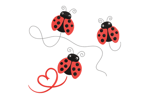 Cute ladybug trio embroidery design, three red ladybugs with black dots arranged in a cluster, white eye highlights, 3 colours, insect garden style.
