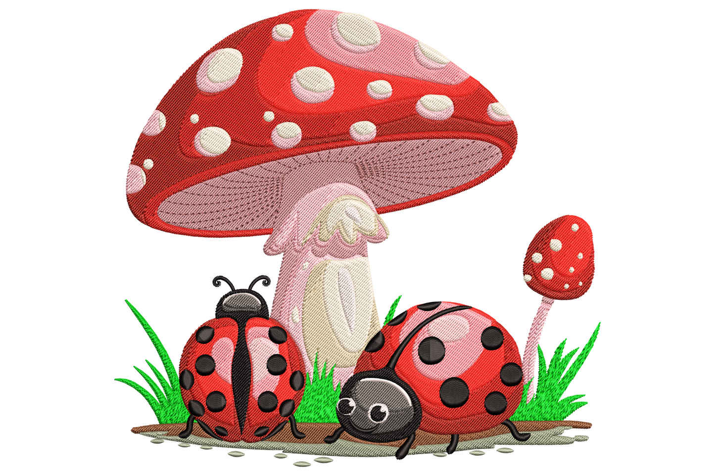 Cute ladybug and mushroom embroidery design with two ladybugs beside a red toadstool with white spots and green grass tufts.
