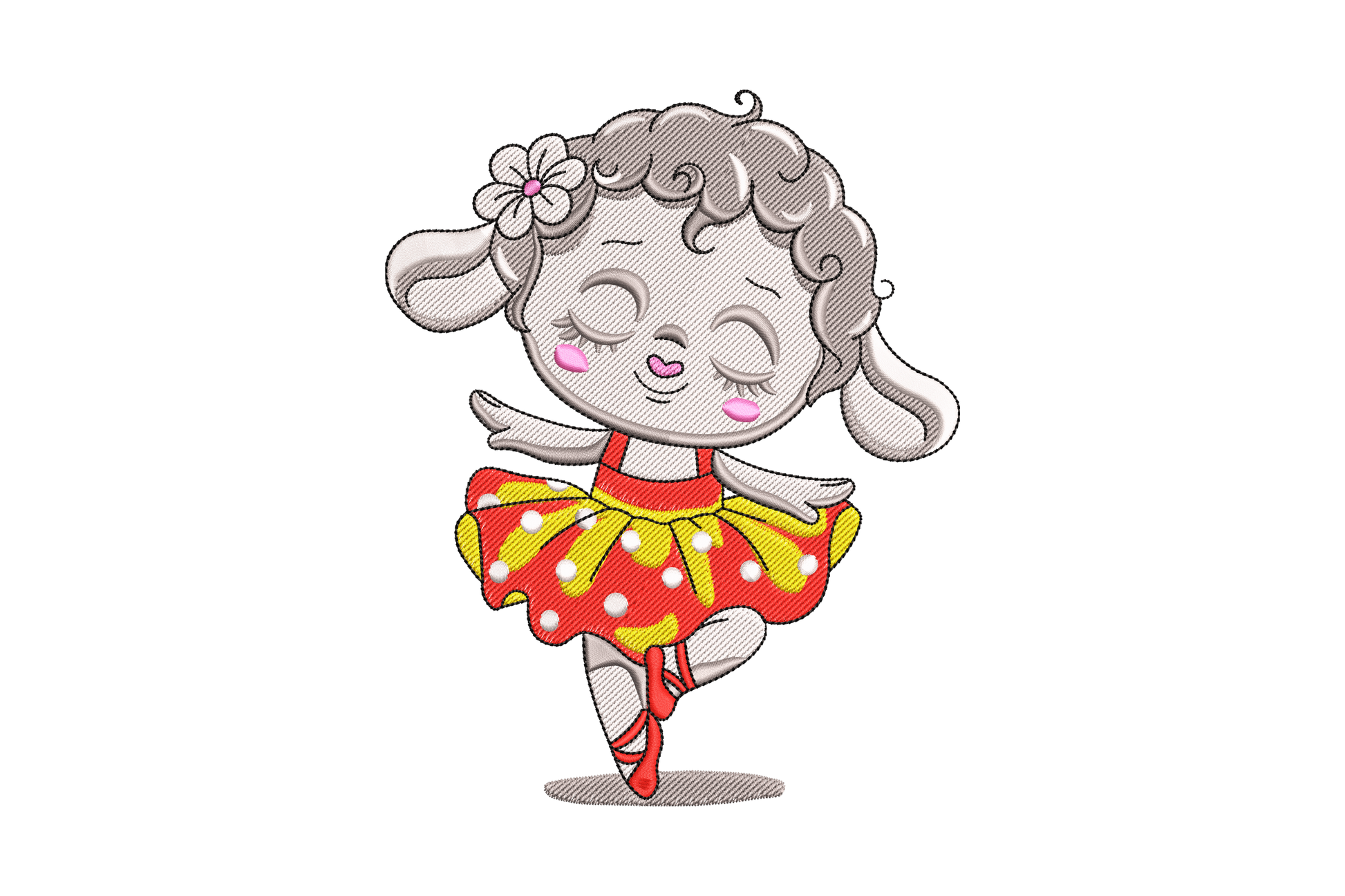 Cartoon lamb ballerina standing on one leg in a red polka-dot tutu with yellow skirt and a small flower in her curly grey wool hair.