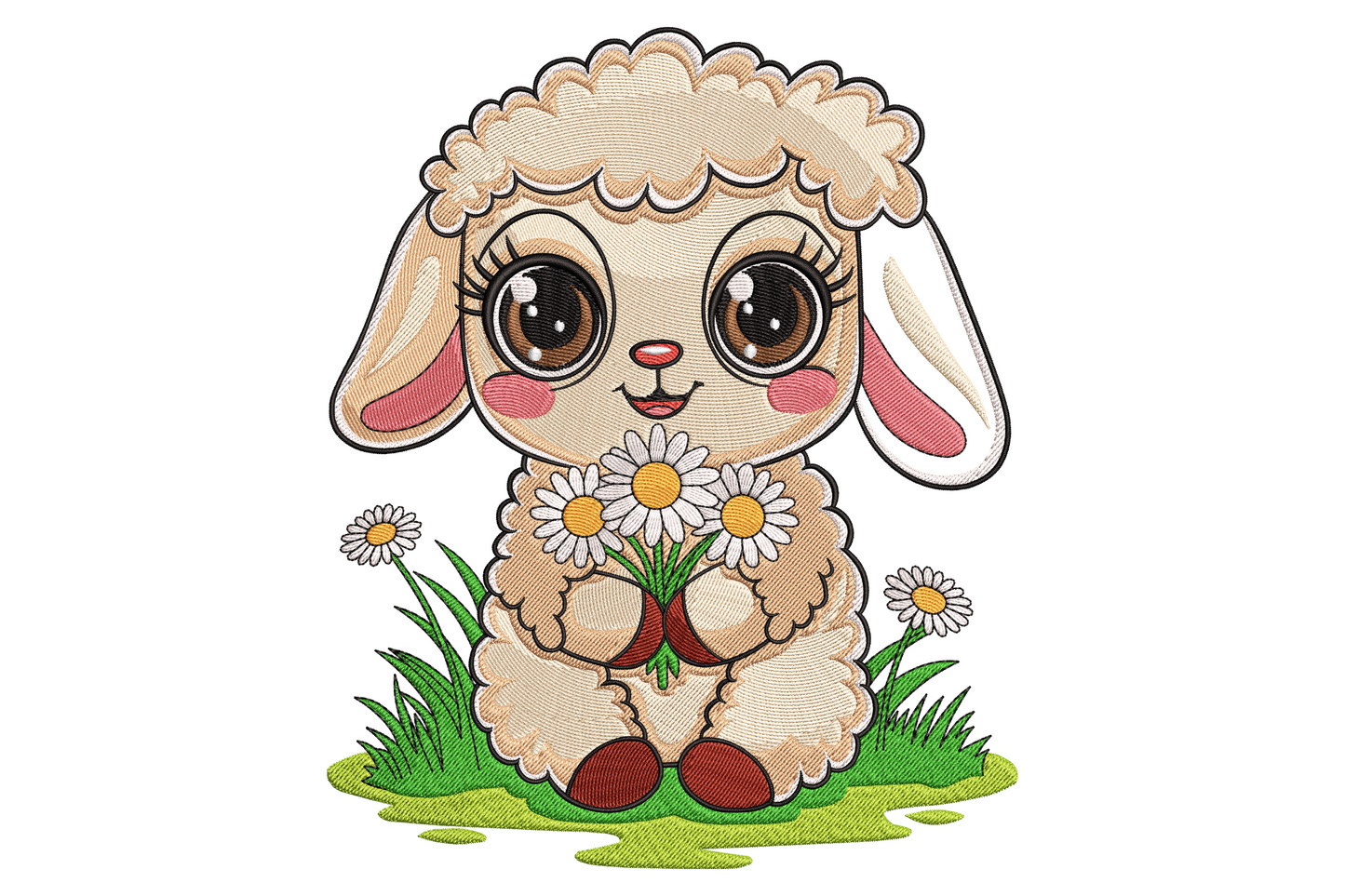 Lamb daisy flowers embroidery on pastel mint onesie, fluffy ivory lamb with butter yellow daisies and sage stems, 12 colours