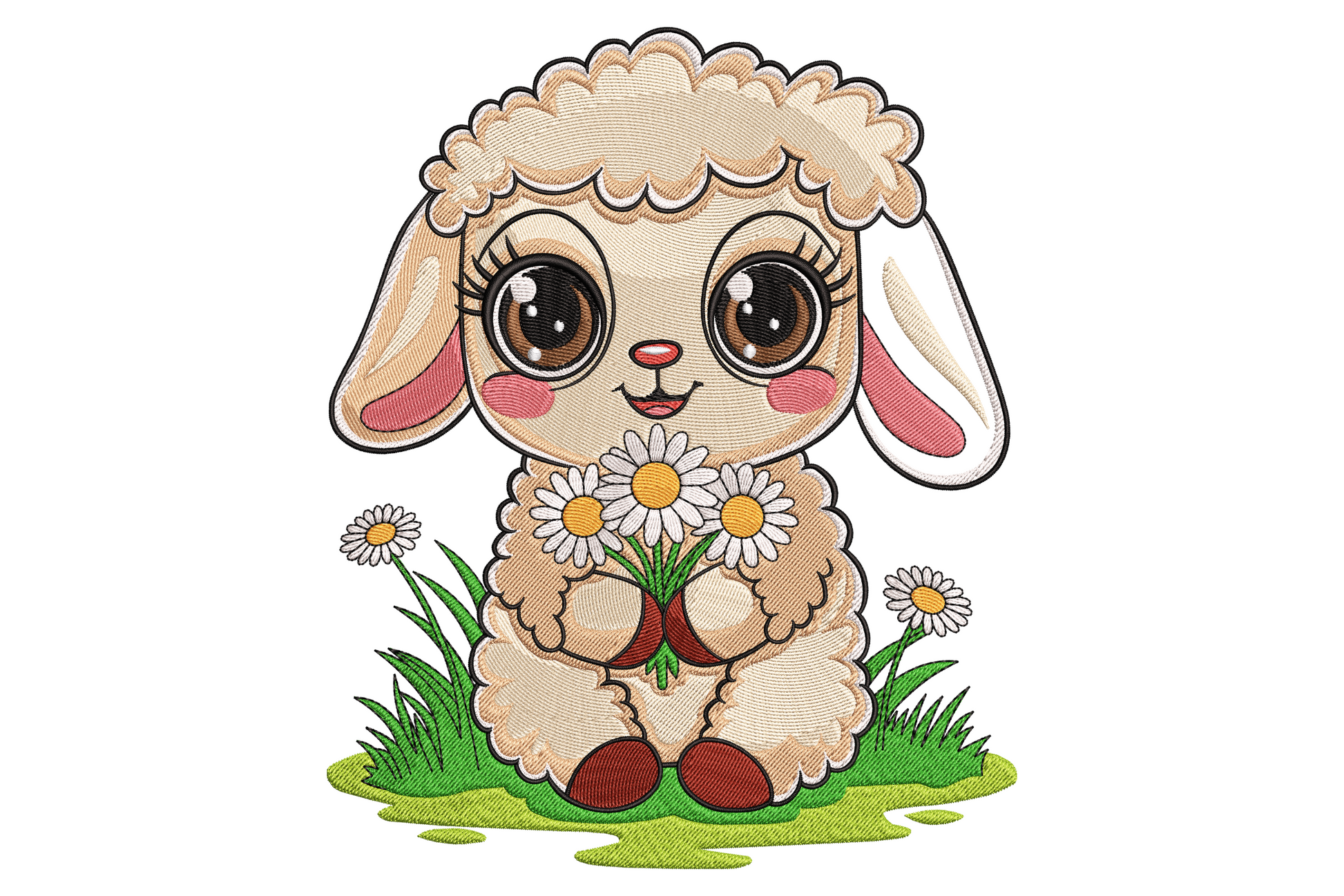 Lamb daisy flowers embroidery on pastel mint onesie, fluffy ivory lamb with butter yellow daisies and sage stems, 12 colours