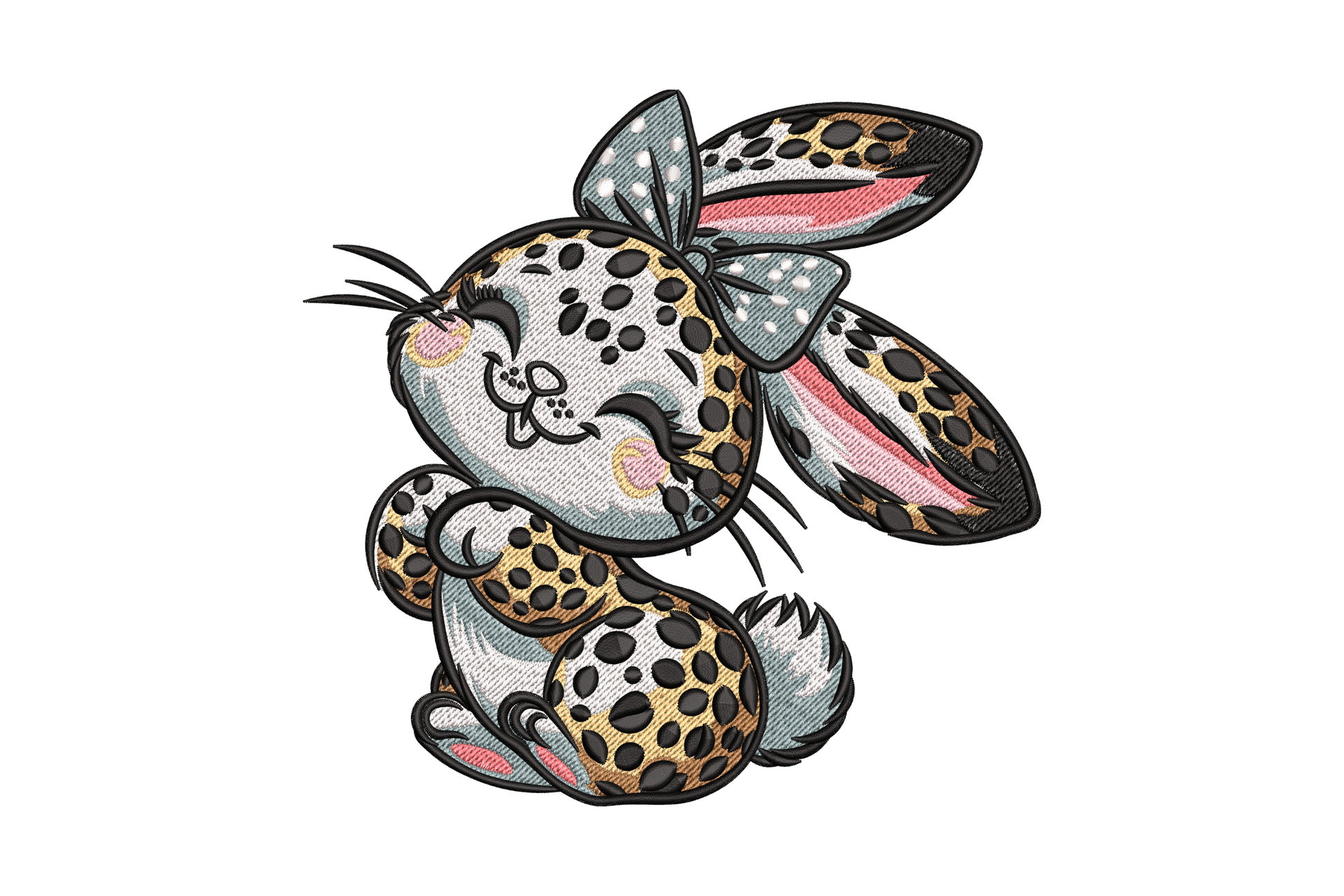 Leopard bunny machine embroidery design, chubby cartoon rabbit with leopard-print body, 7-color kawaii nursery design