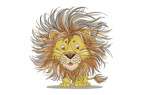 Kawaii lion cub embroidery design, fluffy round mane in golden yellow and tan with big round eyes and tiny paws peeking out, cartoon style
