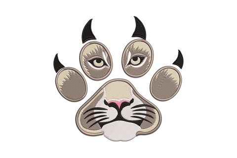 Lion paw face embroidery with golden eyes in toe beans, pink nose and whiskers in the main pad, warm tan and cream fills.