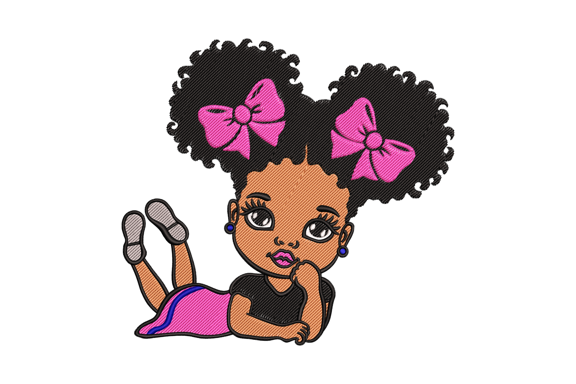 Little afro girl embroidery design, chibi girl lying on stomach, two round black afro puffs with pink bows, pink skirt, black top, grey shoes.