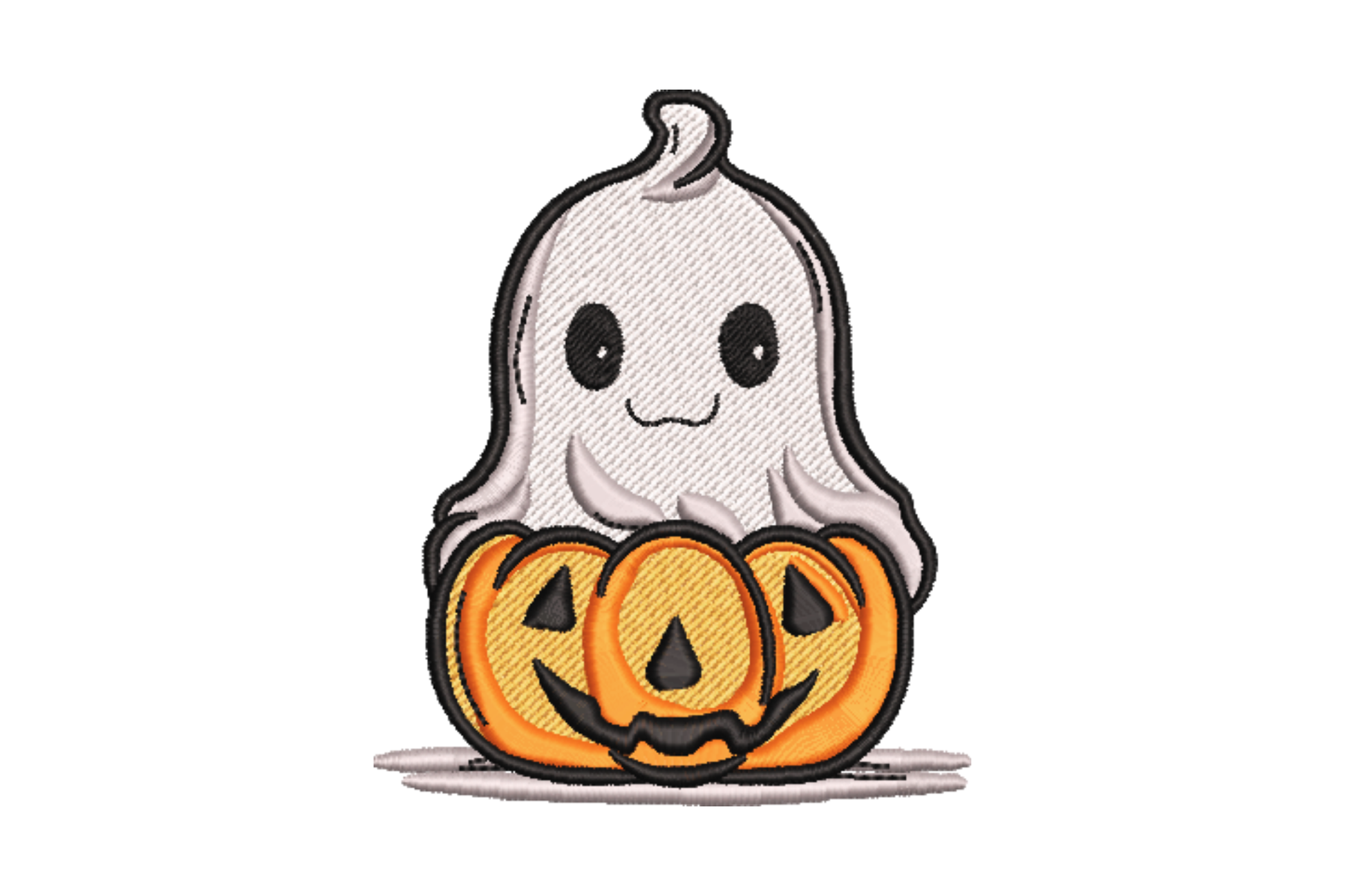 Little ghost peeking inside carved Halloween pumpkin embroidery design portrait