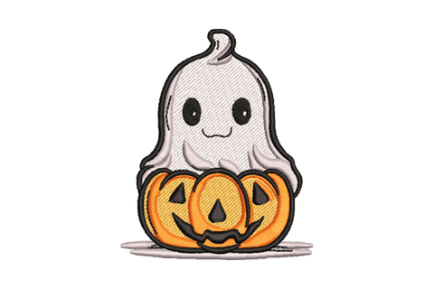 Little ghost peeking inside carved Halloween pumpkin embroidery design portrait
