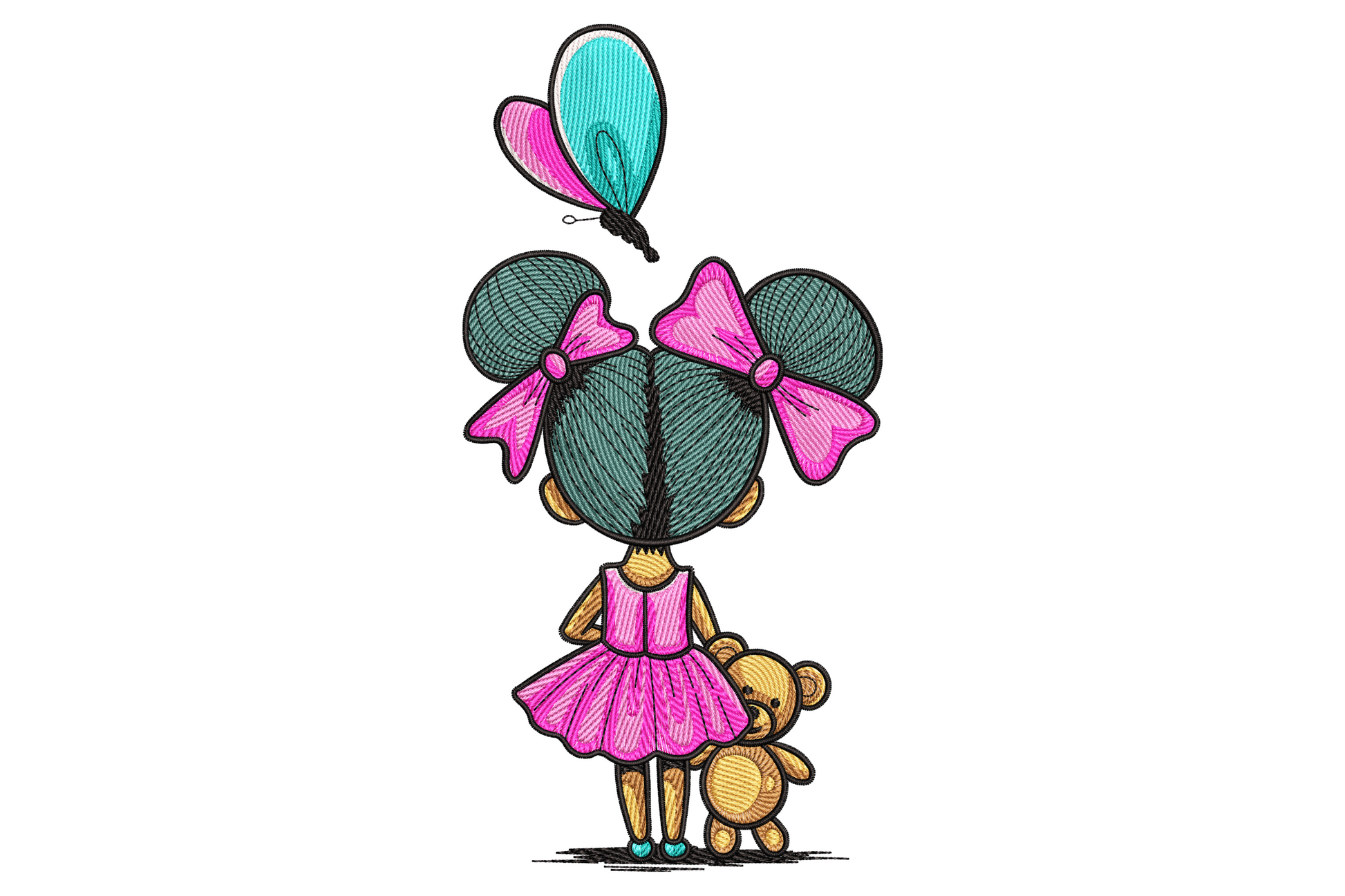 Little girl with teddy bear embroidery, seen from behind with teal pigtails, pink dress, holding bear and butterfly balloon.