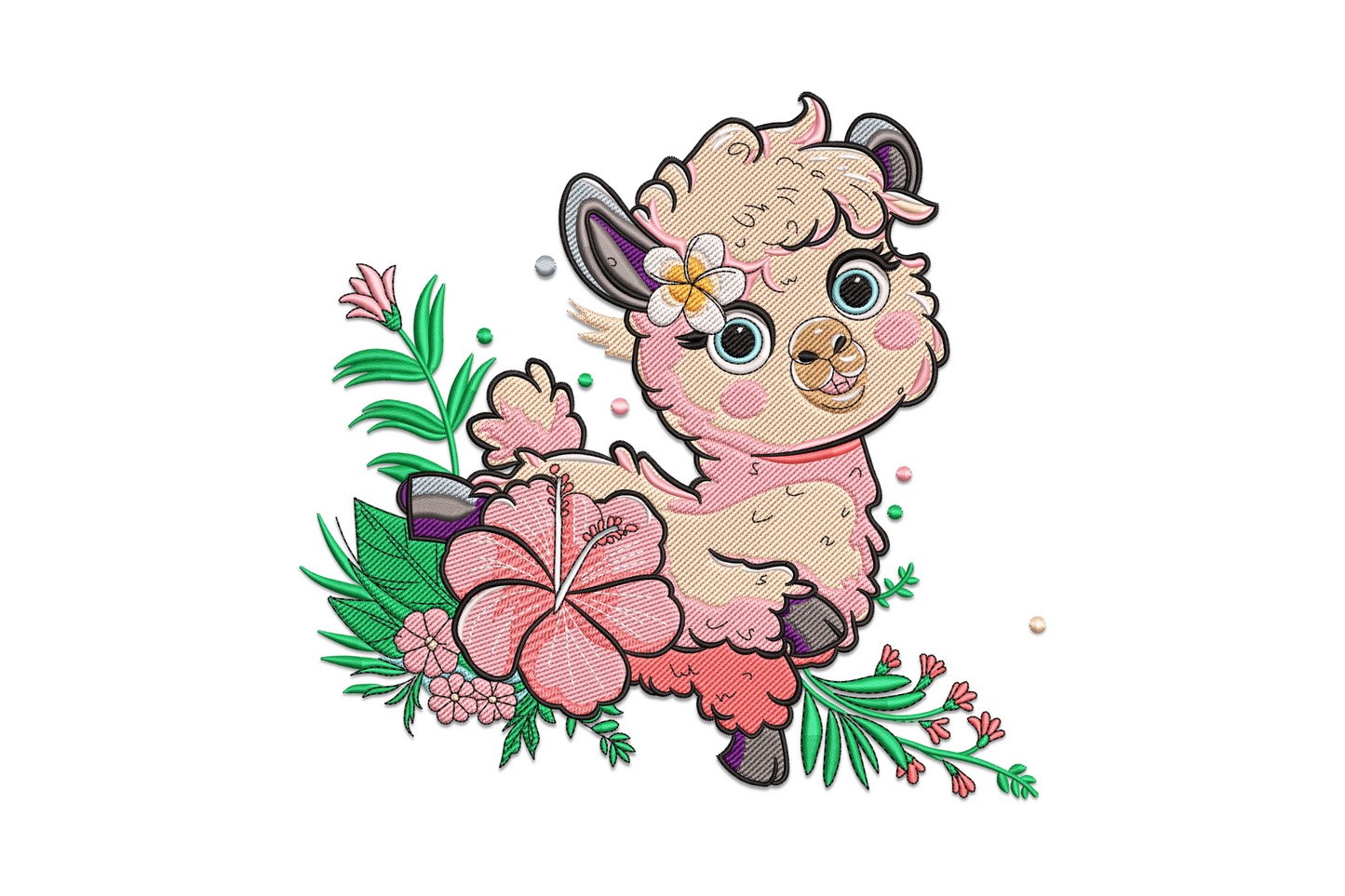 Cute llama with flowers embroidery, fluffy peach alpaca with teal eyes, pink hibiscus blooms and tropical green leaves.
