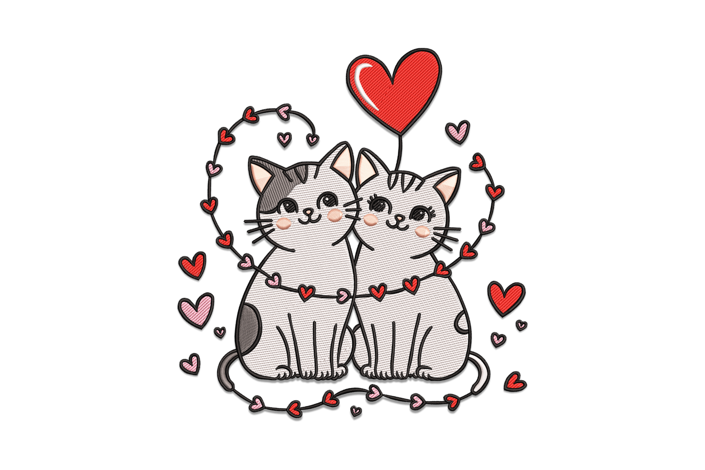 Cute love cats embroidery design with heart balloon and scatter hearts border, 6 colours, 5 sizes to 7.51 inches.