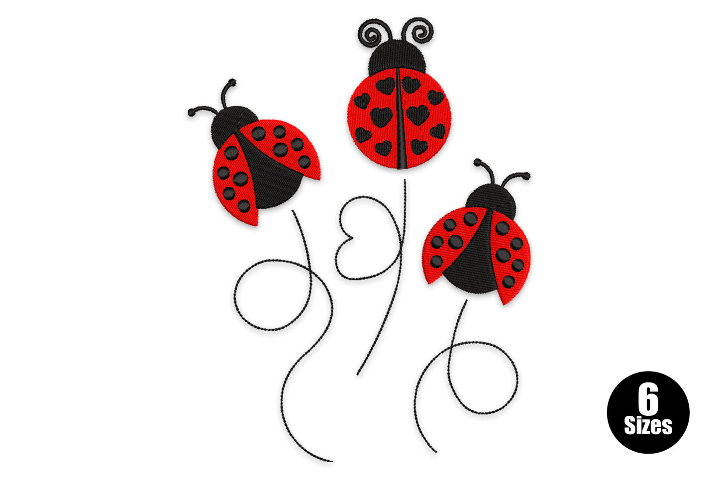 Three ladybugs on curling heart swirl stems, red shells with black spots and spiral antennae, cartoon embroidery on white.