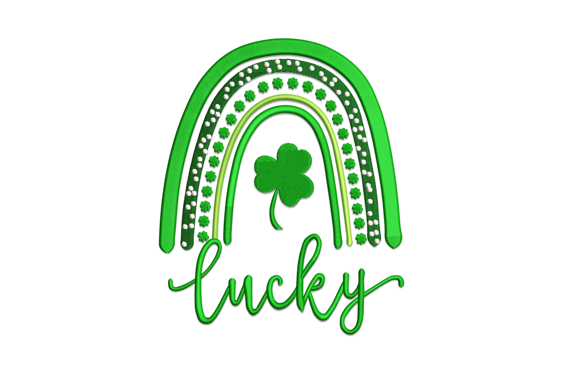 Lucky rainbow embroidery design, all-green boho arch with 3 concentric arcs, white dot accent band, four-leaf clover centred inside, lucky script below.