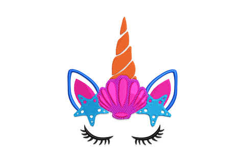 Magical unicorn seashell crown embroidery design, pastel kawaii unicorn with shell and flower crown in 6 colours