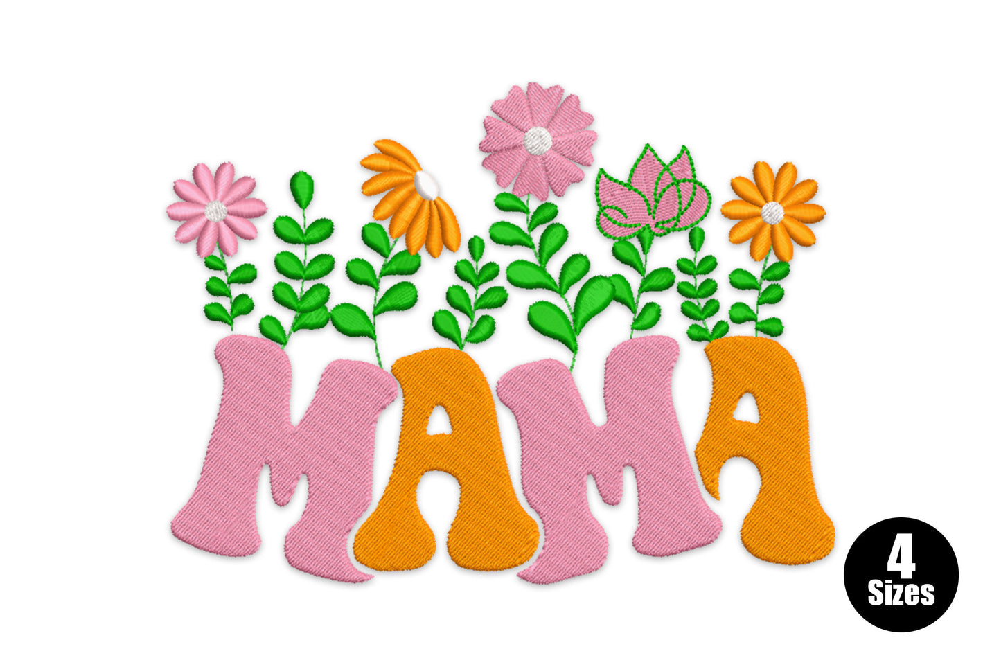 Retro bubbly MAMA lettering embroidery design with pink and orange letters and a row of wildflowers including daisies, sunflowers and a tulip growing from the top.