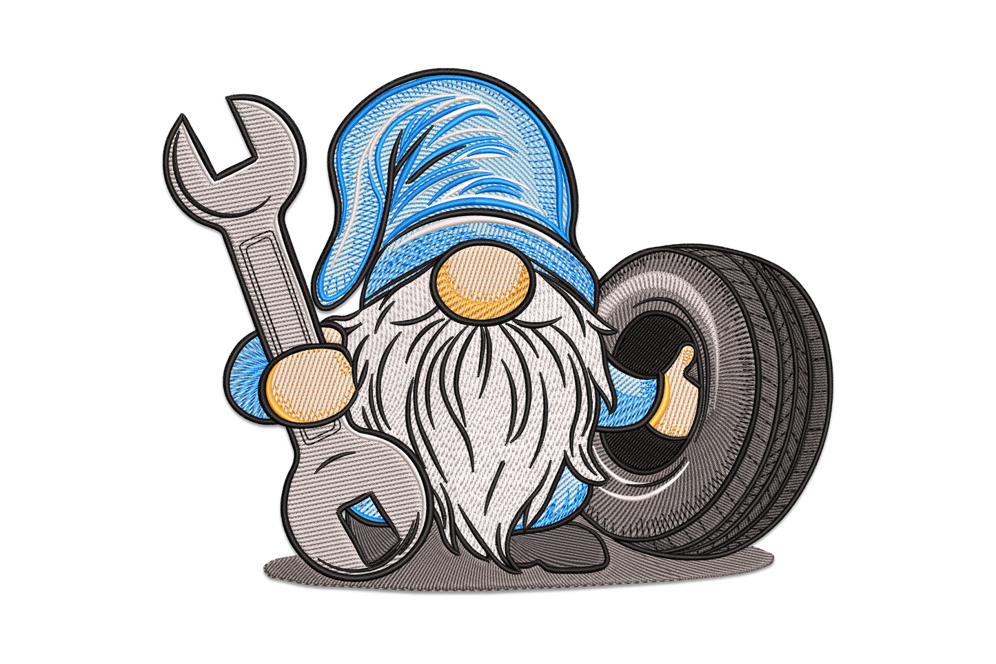 Cartoon mechanic gnome wearing tall blue cap holding silver wrench next to black tire with white striped beard, dad garage embroidery design