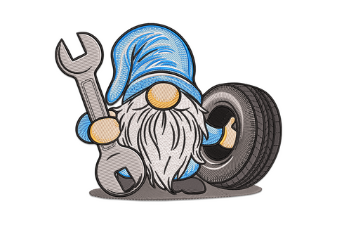 Cartoon mechanic gnome wearing tall blue cap holding silver wrench next to black tire with white striped beard, dad garage embroidery design