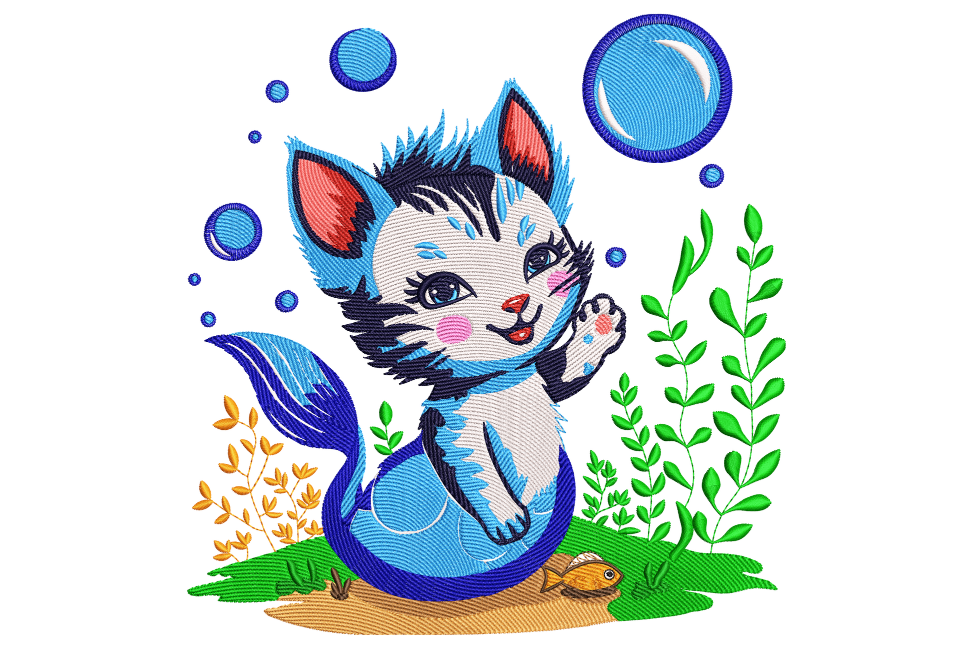 Cute mermaid cat embroidery with blue kitten body, satin-scaled tail, seaweed, coral and bubble details on white background.