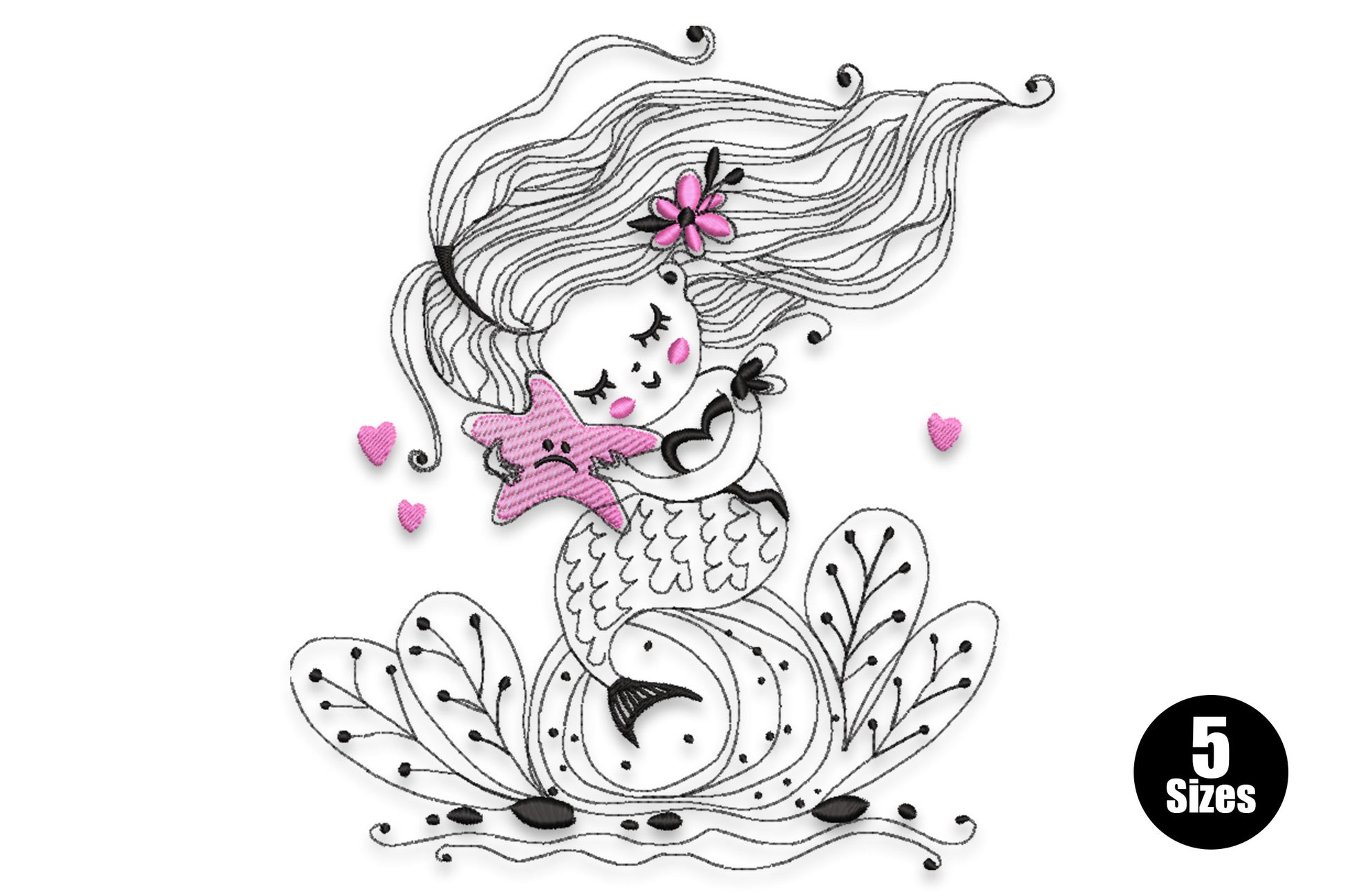 Cute mermaid embroidery design with flowing hair, botanical scrollwork base and starfish, rendered in black fine-line with soft pink heart and starfish accents.