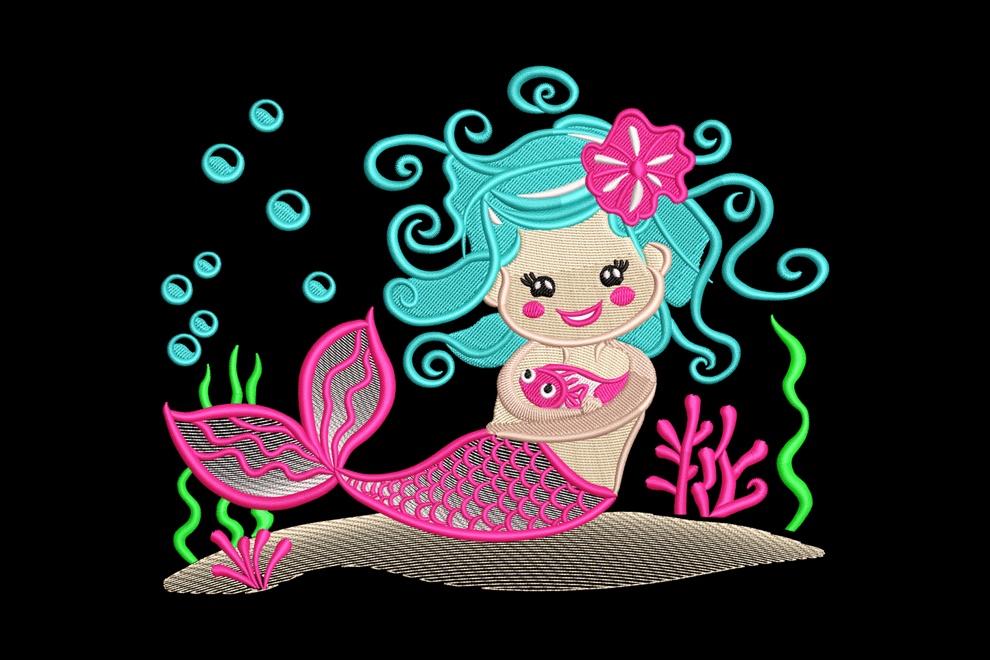 Kawaii mermaid girl embroidery, aqua curly hair, hot pink scaled tail, green seaweed, tiny pink fish in arms.