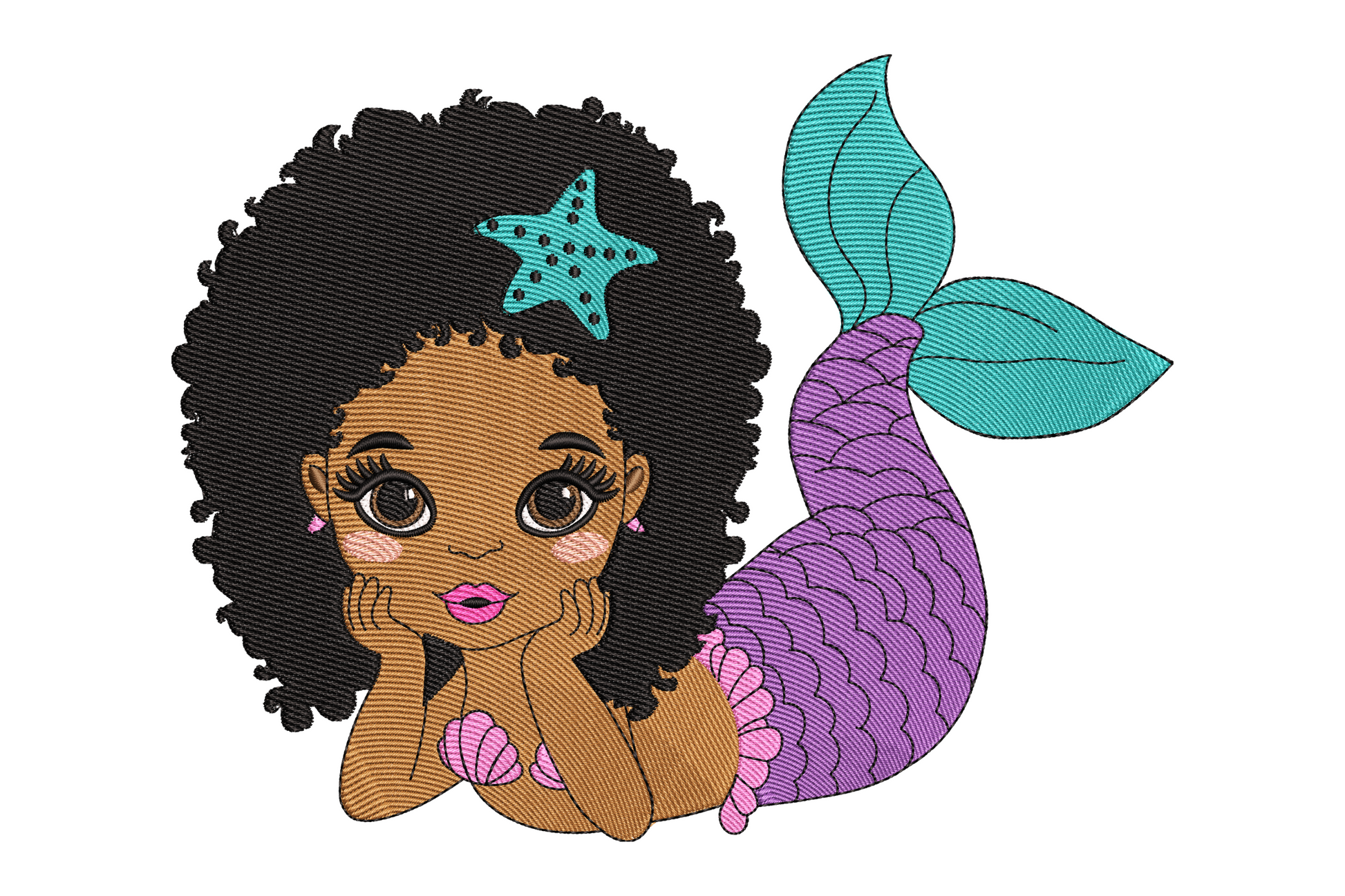 Cute mermaid girl embroidery with natural afro hair, teal starfish clip, purple scaled tail and teal fin, 9 colours.