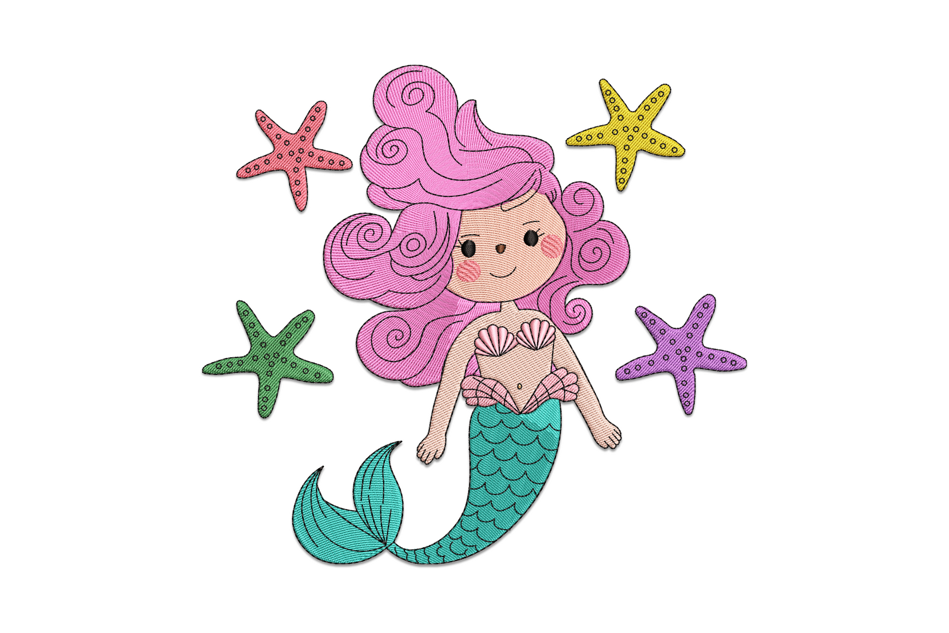 Cute chibi mermaid girl with curly pink hair, peach shell top and teal scaled tail, surrounded by four colourful starfish in red yellow green purple