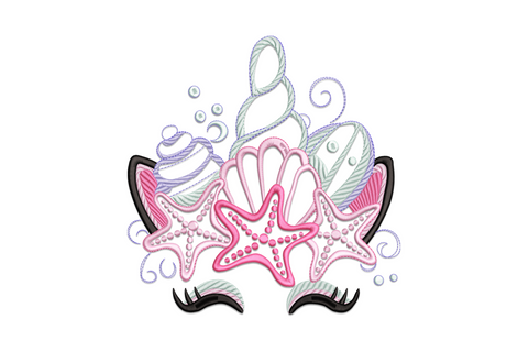 Cute mermaid shell embroidery design with a hot pink central clamshell, two pink starfish, lavender and mint spiral shells, bubble accents and curved black lash shapes at the base forming a mermaid face crown.