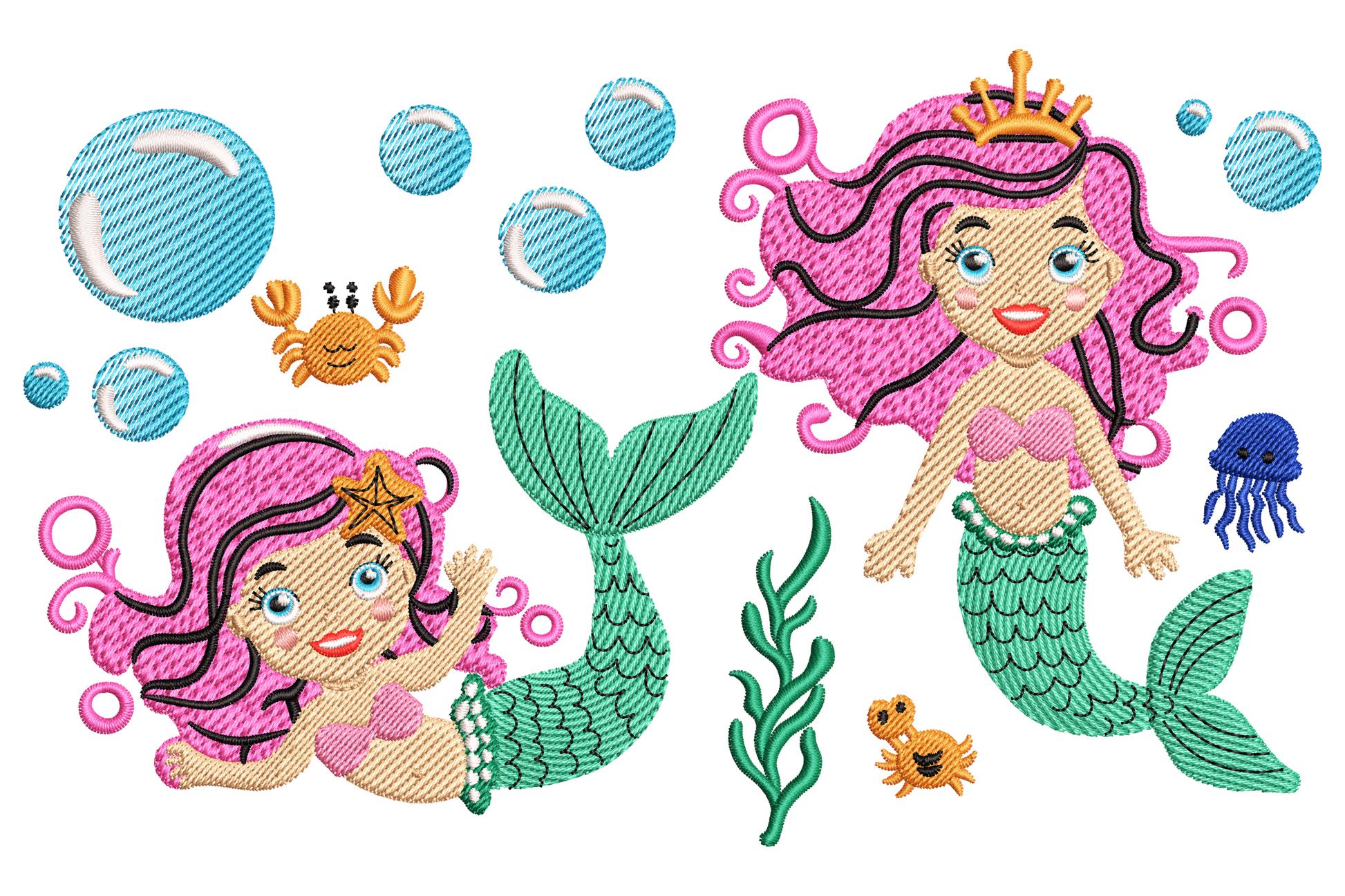 Embroidered mermaid sisters with pink hair and green tails, gold crown, crab, jellyfish, seaweed and bubbles in pastel ocean.