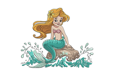 Chibi mermaid with golden hair and teal tail sitting on a rock, 20-colour machine embroidery design on white fabric.