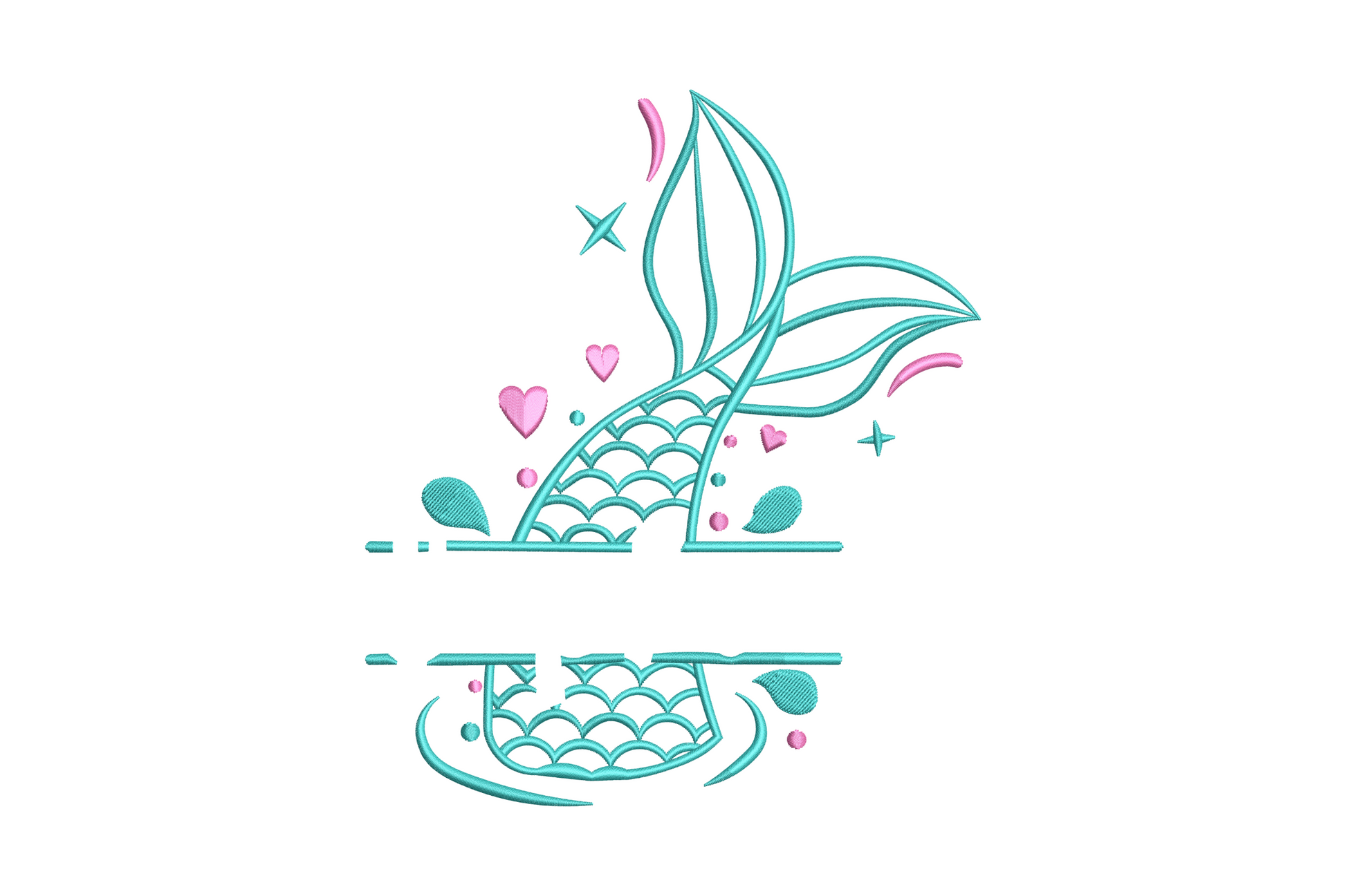 Mermaid tail split monogram embroidery design in teal outline with pink hearts and sparkle accents on white background