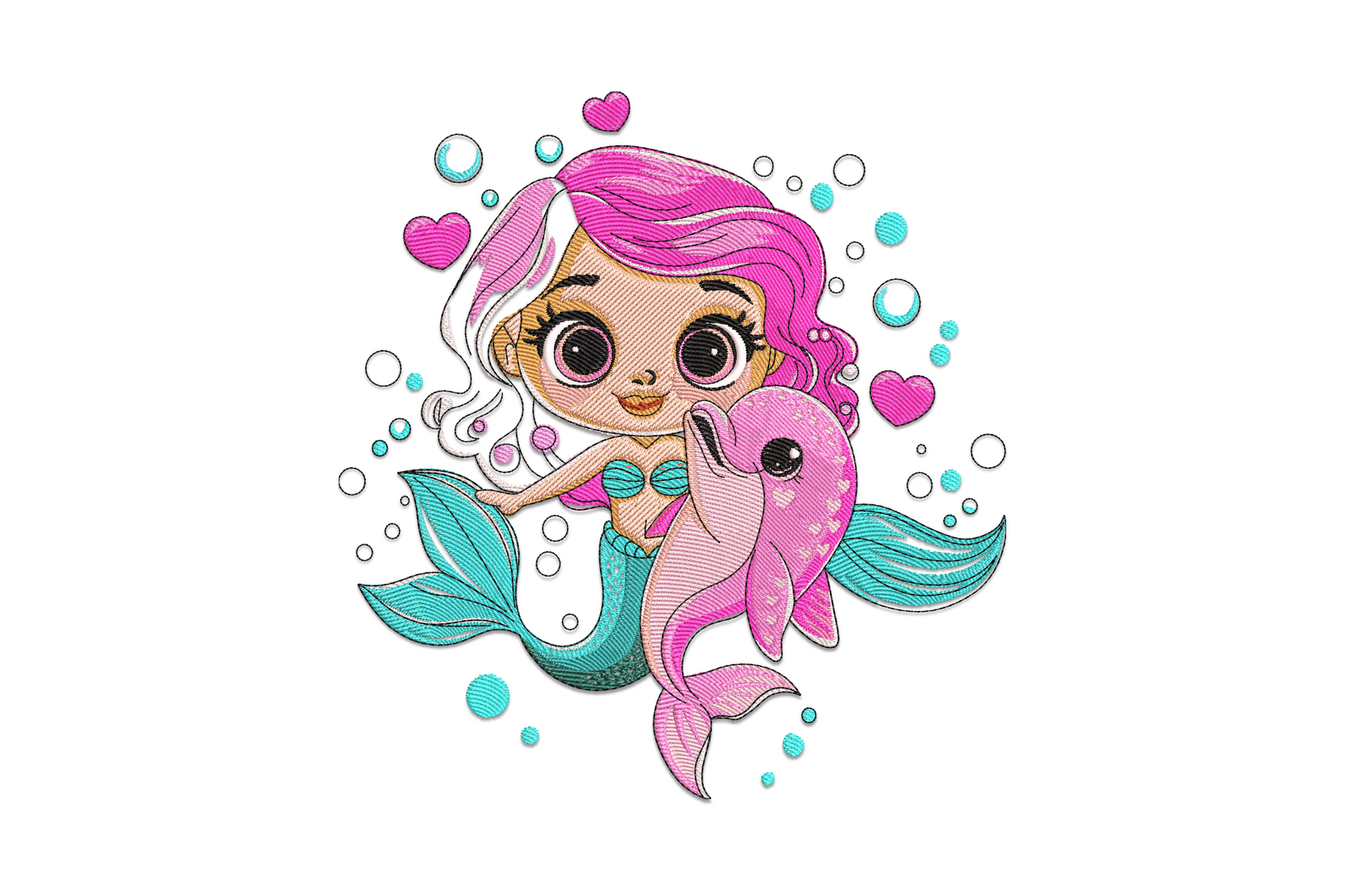 Cute mermaid with dolphin machine embroidery design, 17 colours, ocean fantasy scene, 5 sizes from 3.30 to 7.07 inches