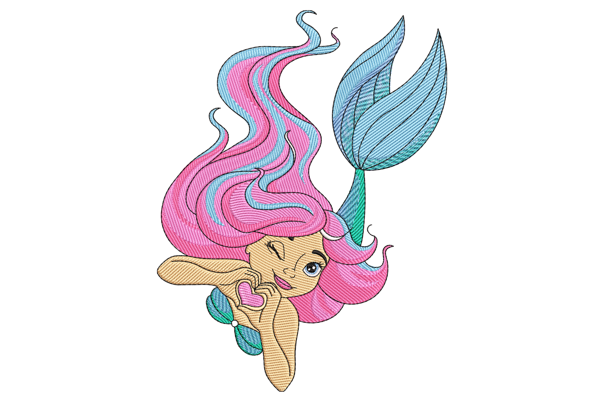 Cute cartoon mermaid embroidery design with lavender hair, peach skin and teal tail, holding hands cupped into a heart shape on her chest.