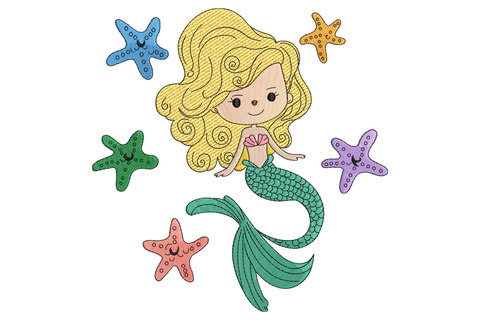 Blonde mermaid embroidery with curly hair, green tail and pink shell, floating among five smiling colourful starfish.