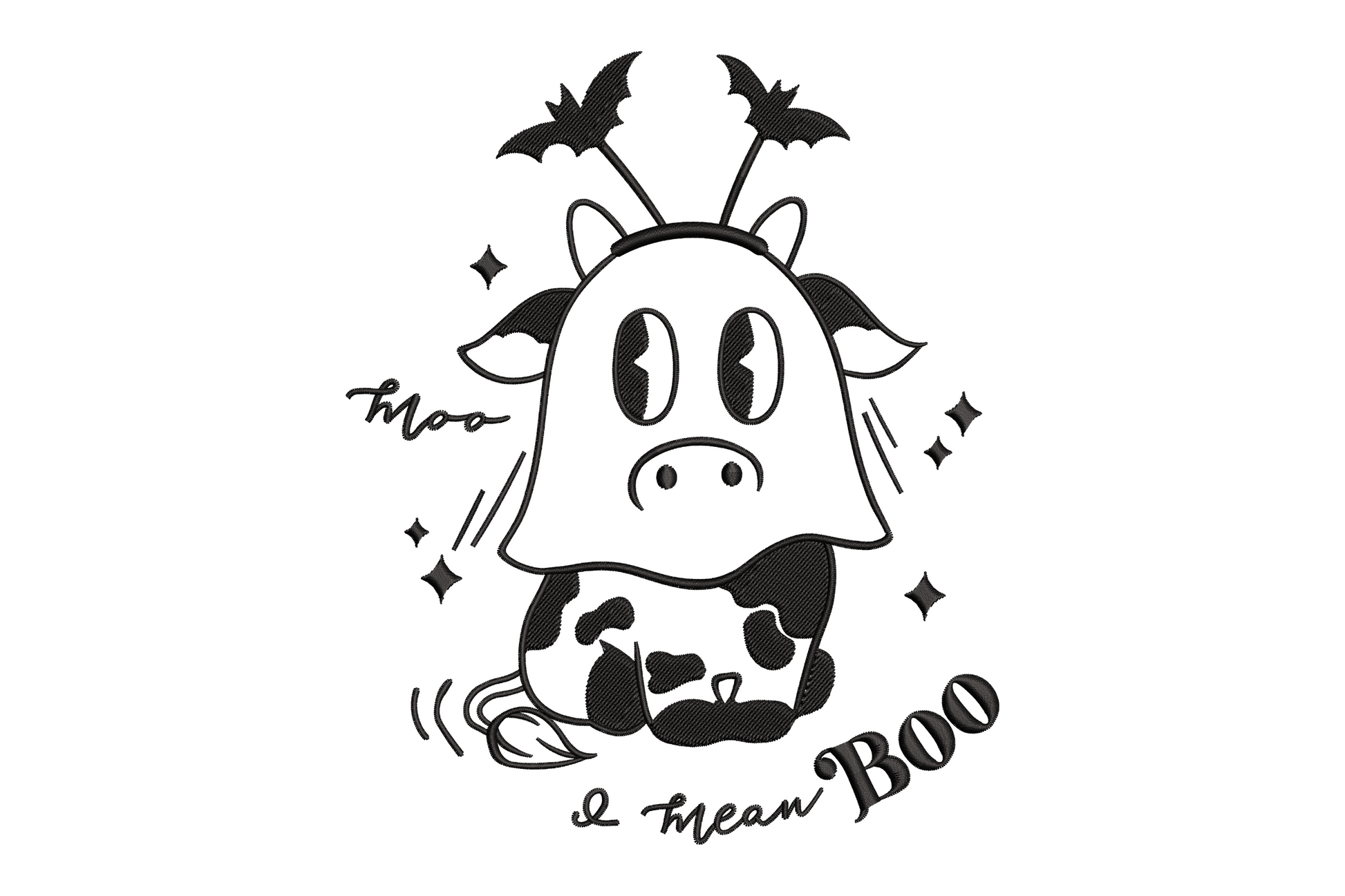 Halloween ghost cow cartoon embroidery design with cow print patches, small bats on horns and Moo I mean Boo handwritten text