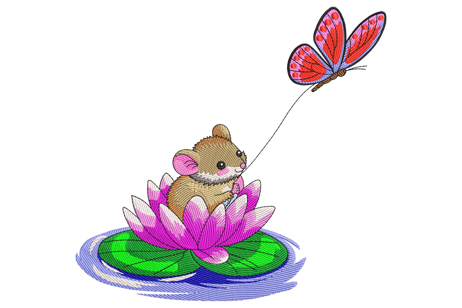 Mouse on lotus embroidery design with a tiny brown mouse sitting on a pink lotus flower holding a butterfly on a string.