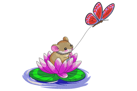 Mouse on lotus embroidery design with a tiny brown mouse sitting on a pink lotus flower holding a butterfly on a string.