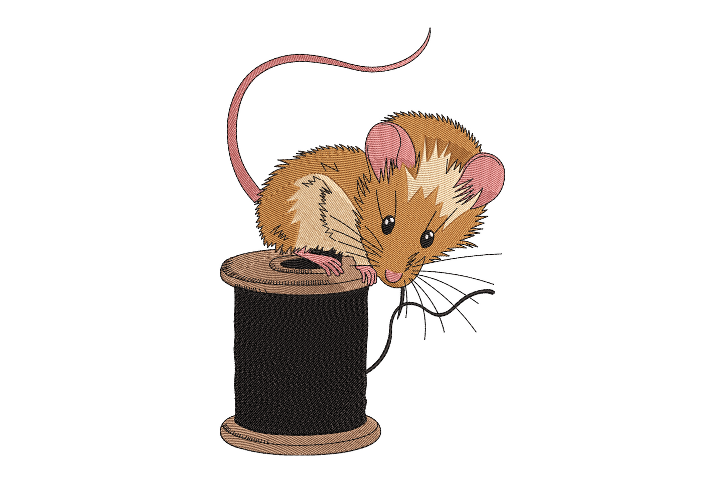 Kawaii mouse sitting on a red-threaded spool embroidery design, grey mouse with pink ears holding the thread end, cartoon style with satin fills