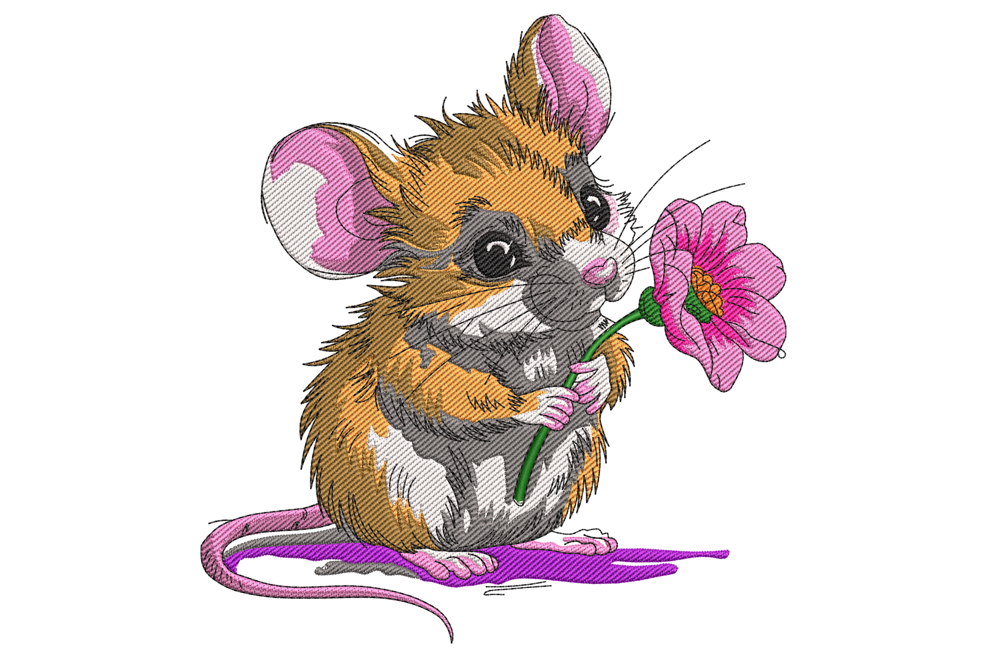 Cute cartoon mouse embroidery design standing upright holding a large daisy flower, warm grey body with peach ears and white petals.
