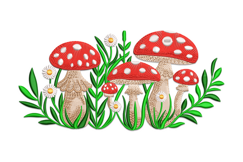 Mushroom garden embroidery design, wide horizontal scene with red spotted mushrooms, ferns, pebbles and small flowers, eight woodland thread colours.
