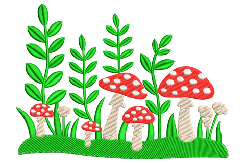 Cute mushroom garden machine embroidery design with polka-dot red mushroom caps, green foliage and grass tufts, 4 colours, 9 sizes from 2.58 to 5.51 inches wide
