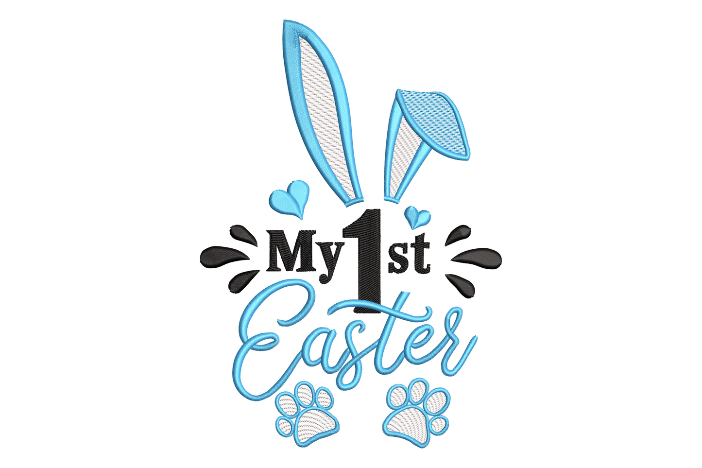 My 1st Easter baby machine embroidery design, three thread colours with playful rounded lettering and small easter accent motif, light density for soft baby fabric use.